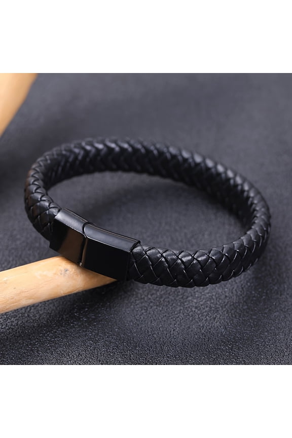 1pc Woven Faux Leather Rope Wrap Bracelet for Men, Classic Bracelet Punk Wristband Faux Leather Bracelet, Men's Versatile Bangle,Black Black