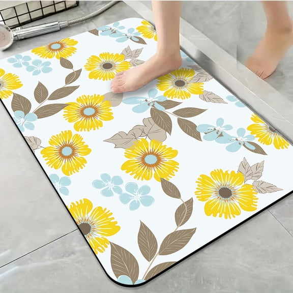 1pc Yellow Blue Floral Bathroom Rug Bathroom Decor and Qccessories- Durable,Anti Slip,And Quick Drying,Suitable For Indoor/outdoor Use - Perfect For Bathrooms,Bedrooms,Kitchens