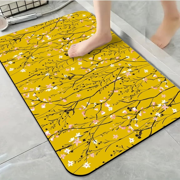 1pc Yellow with Floral Twigs Bathroom Rug Bathroom Decor and Accessories- Durable,Anti Slip,And Quick Drying,Suitable For Indoor/outdoor Use - Perfect For Bathrooms,Bedrooms,Kitchens