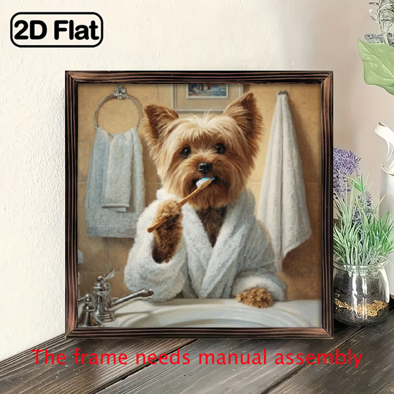1pc Yorkshire Terrier Dog Brushing Teeth in Bathrobe - Rustic Recycled Wood Frame Wall Art, 8x8 Inch Yorkshire Terrier Puppy Picture, No Batteries-Free Pet-Themed Decor for Bathroom