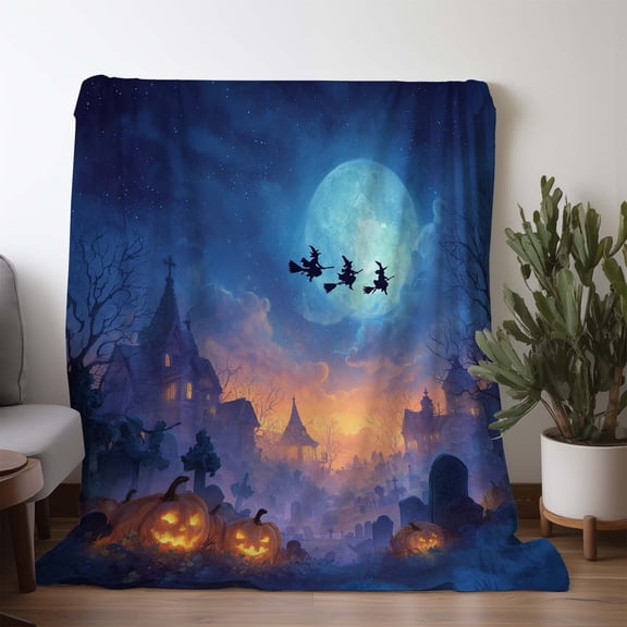 1pc Zeal Lily Halloween Blanket - Spooky Witch, Pumpkin, Graveyard Castle Print Throw - Soft Flannel Sofa Bedspread for Couch, Camping, Office - All-Season Cozy Halloween Party Decorations - Perfect