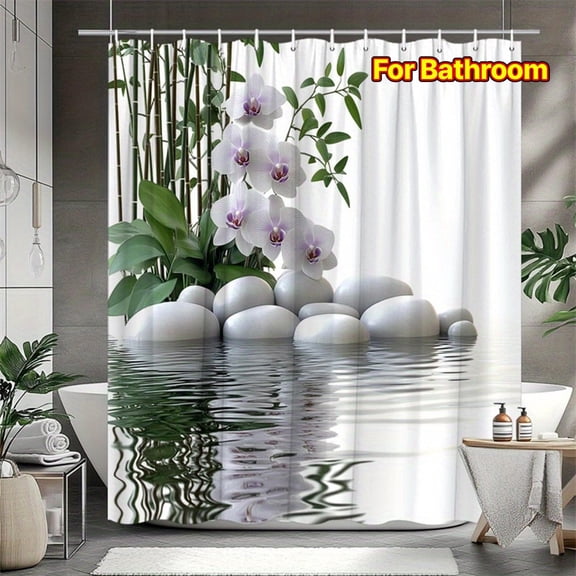 1pc Zen Pond Shower Curtain - Zen Design with Reflective Water, White Pebbles, Orchids & - Machine-Washable Bathtub Partition Suitable for Spa Bathrooms, Modern Bath Decor - Elegant Zen Style Curtain