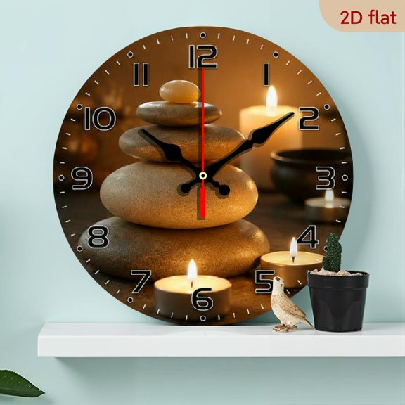 1pc Zen Spa Stone and Candle Art Wall Clock - 10inch Round Wood Veneer Silent Clock - No Batteries Included - Ideal for Bedroom, Home Office, Party Decor, Aesthetic Gift