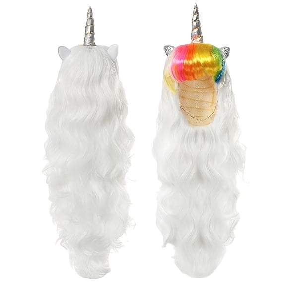1pc, a long curly wavy rainbow wig with golden unicorn, perfect for Halloween, music festivals and cosplay events