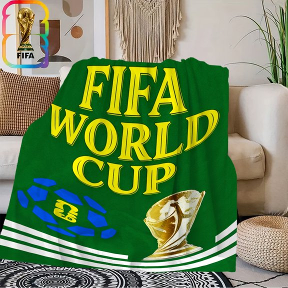 1pc alk World Cup Flannel Blanket, Trophy & Football Logo Poster Design, Soft Skin-Friendly Shawl Blanket, Ideal Home Decoration & Gift for Halloween, Valentine's Day, Mother's Day, Christmas