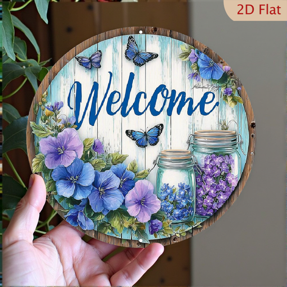 1pc aluminum round wall decoration tin painting, round logo, blue flowers and hummingbirds around the jar, top with "Welcome" written in white font, white background, 2D Flat
