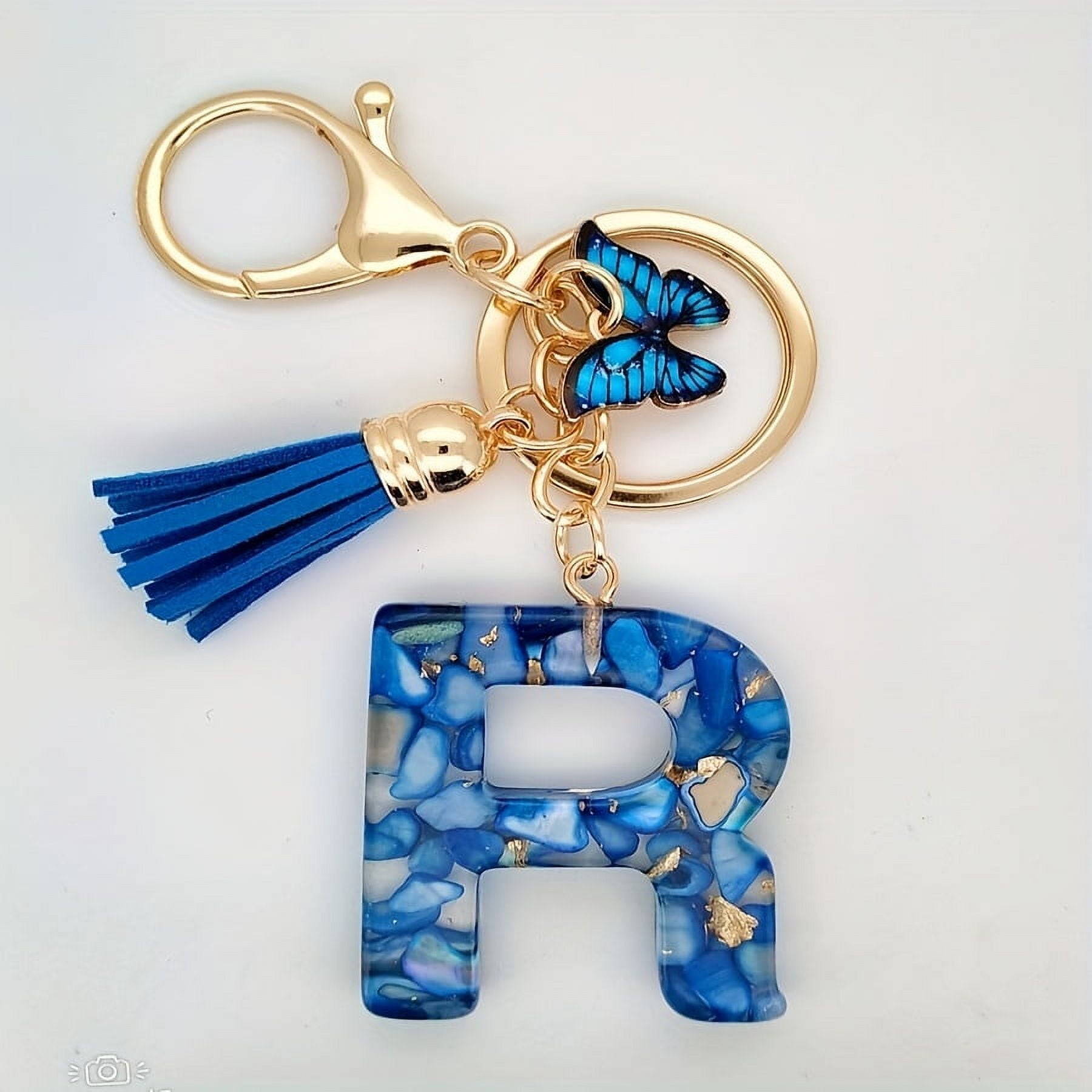 1pc blue letter initial keychain cute resin key chain ring bag backpack hanging car key pendant female daily use gift,Blue,R