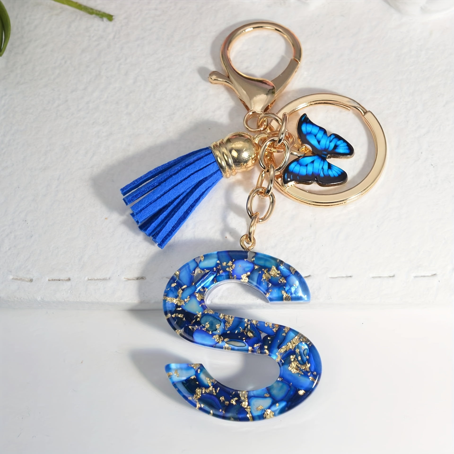 1pc blue letter initial keychain cute resin key chain ring bag backpack hanging car key pendant female daily use gift,Blue,S