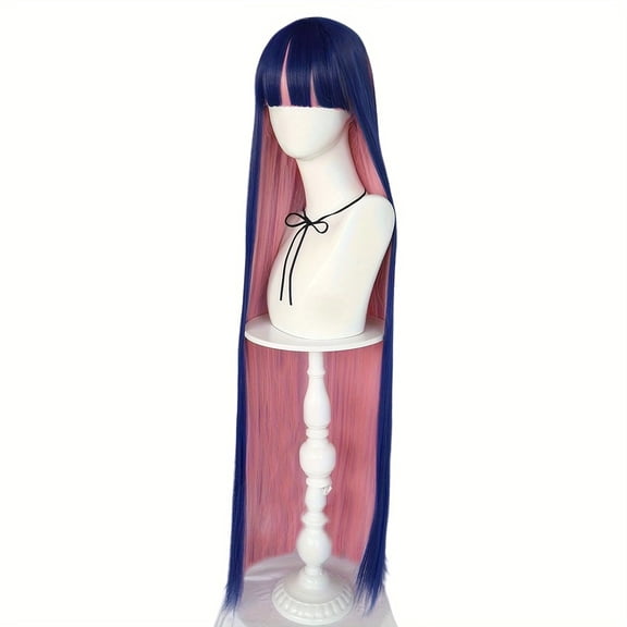 1pc, blue and pink two-color long straight hair with bangs, anime style, heat-resistant synthetic fiber, rose mesh hat, suitable for Halloween, cosplay events and theme parties
