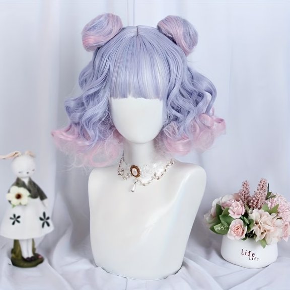 1pc, daily double bun gradient color full bangs sweet Lolita wig for women - blue purple gradient pink, short curly waves, high temperature fiber, two buns, chemical fiber material