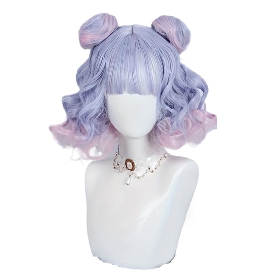 Daily double-haired bun, gradient color full bangs, sweet wig suitable for women, blue-purple gradient pink, short curly wavy fiber material