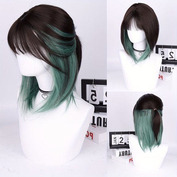 1pc, dark black and green mixed color 16-inch short straight bob wig with bangs, high-density synthetic fiber, rose mesh hood design, suitable for Halloween, Christmas, cosplay and party occasions