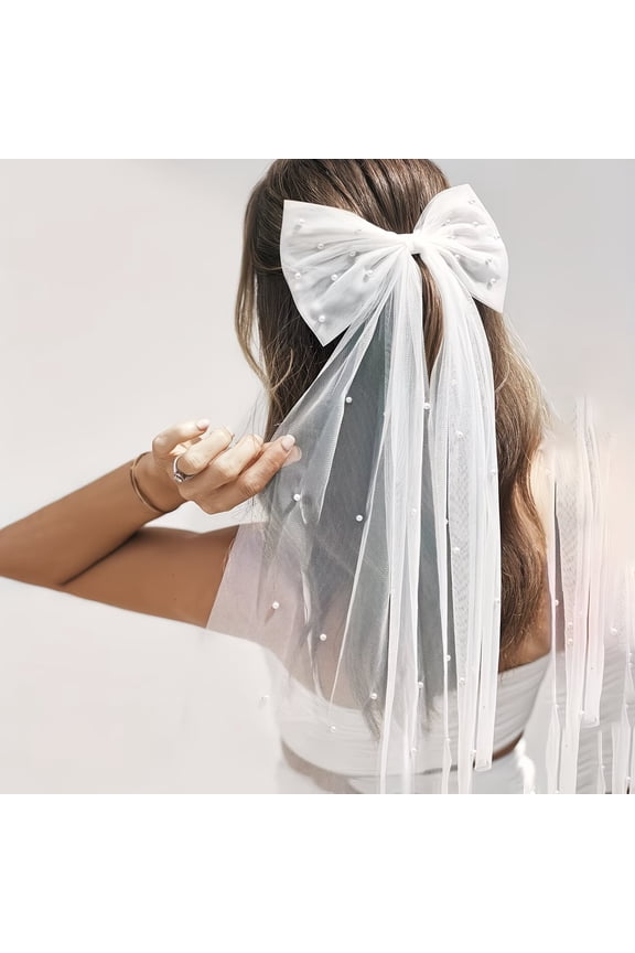 1pc, fashionable bridal hair clip with bow and faux pearls, exquisite and delicate tulle ribbon, single layer wedding veil accessories