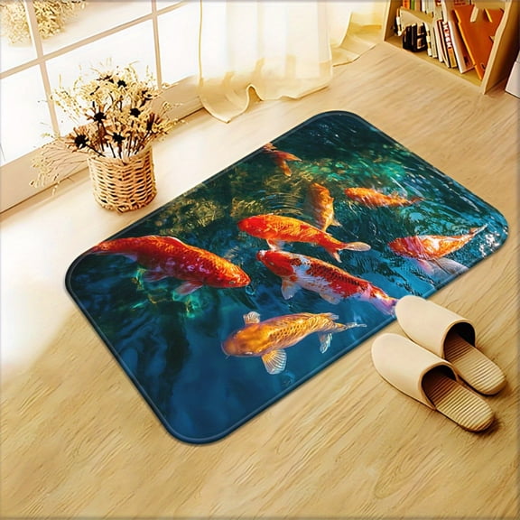 1pc of Koi Fish Design in Green Water, High-Definition Printed Kitchen Rugs Material. These Non-Slip Mats Are Suitable for Bathrooms, Yoga