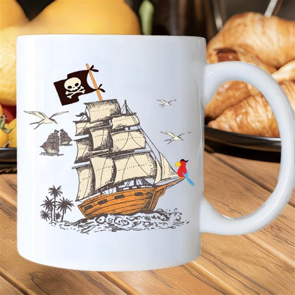 1pc pirate-themed white ceramic coffee mug, decorated with skull and crossbones and pirate ship patterns. Microwave and dishwasher safe, it is perfect for tea, cocoa, breakfast drinks and daily use a