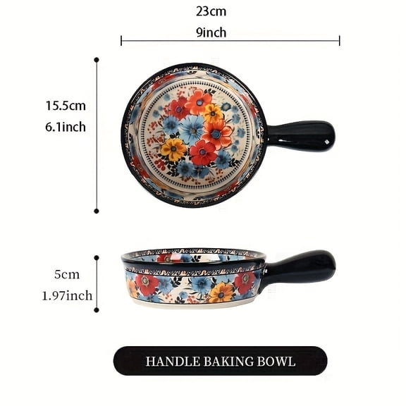 1pc retro Polish ceramic baking tray, rectangular two handle plate, circular baking bowl, microwave safe, perfect for cheese, fruit, stew, noodles, elegant retro design, perfect holiday gift