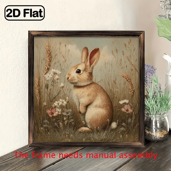 1pc retro bunny wooden framed picture, 8x8 inch square wooden framed picture, suitable for bedroom, living room and bathroom, bedroom wall decoration, room decoration.