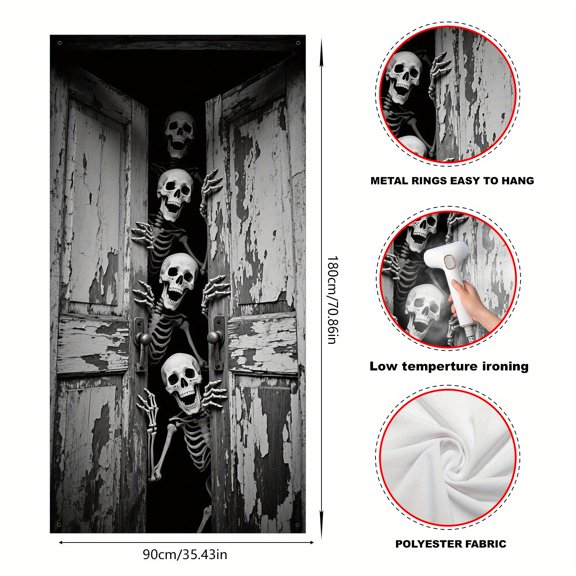 1pc skeleton (35*70 inches/90*180cm), Polyester Material, Halloween Door Frame Decoration - Spooky Horror Style with a Group of Pushing Open Skulls Design, Suitable for Halloween Party Door Banner