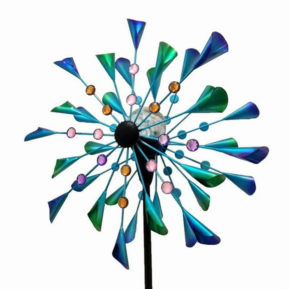 1pc solar luminous metal wind rotary windmill, powder-coated metal outdoor rotary double windmill, including ground pile for outdoor terrace and garden decoration