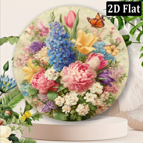 1pc, spring seasonal flower theme design, flat printed metal signs, circular iron hanging picture, non-electrical, 8x8 inch wall decoration, bar, cafe, club, kitchen.