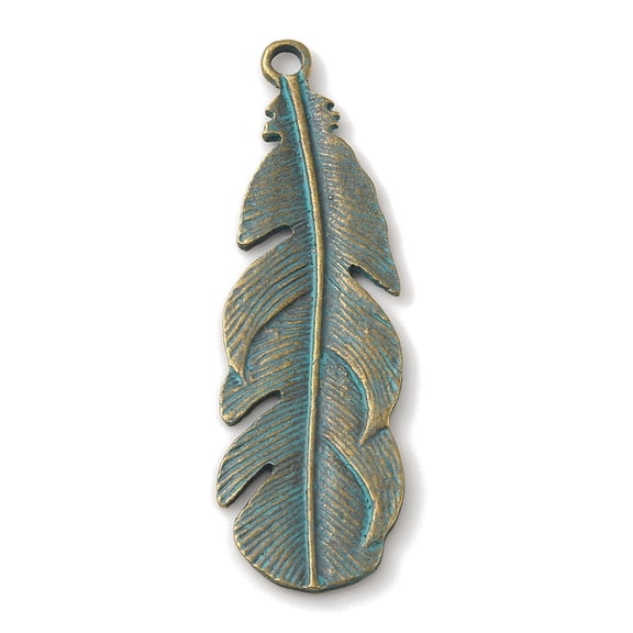 1pc style Alloy Pendants Feather Antique Bronze & Green Patina 57x18x1.5mm Hole: 2.5mm