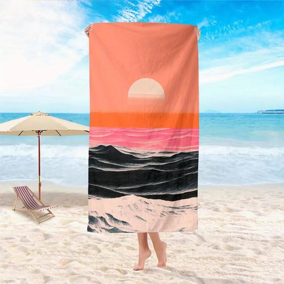 1pc sunrise and waves pattern beach towel, polyester fabric, machine washable, suitable for pool, beach and bathroom decoration