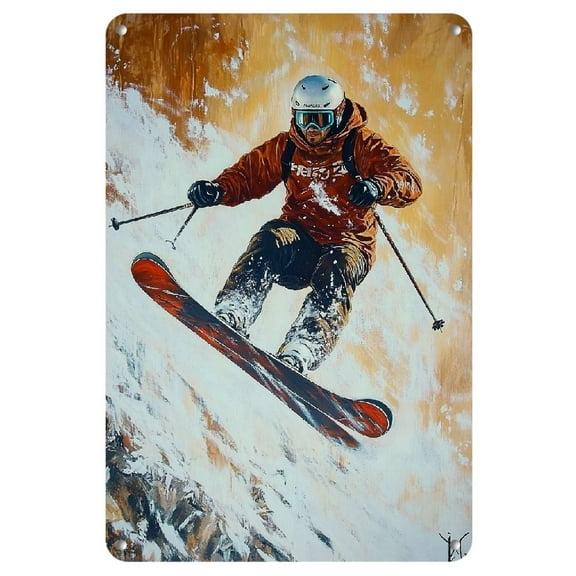 1pc vintage ski tin painting, 8x12 inch, rustic wrought iron artwork, suitable for home and office decor, wall murals, living room, bedroom, kitchen, bathroom, outdoor use, art painting set