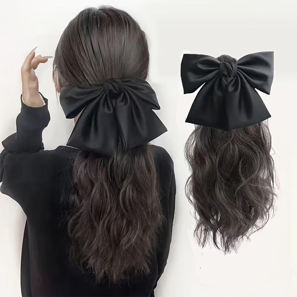 1pc, women's black ponytail hair piece with long wavy drawstring bow