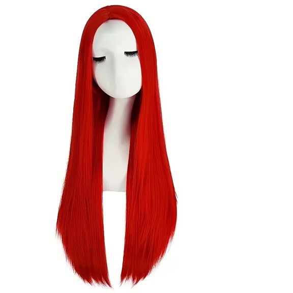 1pc, women's red medium-parted long straight hair wig with button mesh, high-temperature wire role-playing wig for daily use, suitable for Halloween, carnival, and Christmas use