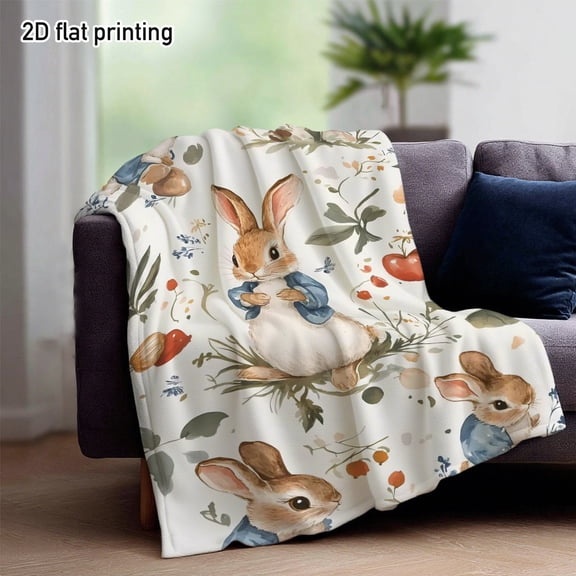 1pc2D Flat Watercolor Peter Rabbit Soft Throw Blanket | Cute Bunnies in Garden, Ideal for Cozy Sofa, Bedroom Nook, Easter Brunch, for Families, Animal Lovers, Polyester, Digital Printing, Mixed Color