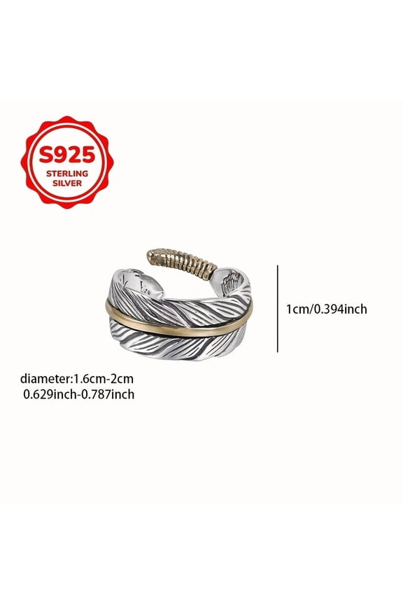 1pc925 silver, low allergy, adjustable opening ring, one pack, old-fashioned irregular vintage feather ring, light luxury fashion personality niche design high-end index finger ring tail ring, give