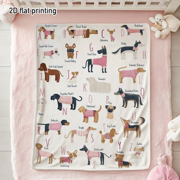 1pcCozy Flannel Throw Blanket Suitable for Dog Lovers - Adorable Puppy ABC Alphabet with - Letters, Soft Bedspread for Sofa,Room Decor, - Bedding for Home, Dorm, Coffee Shop Nook (No Revision Request