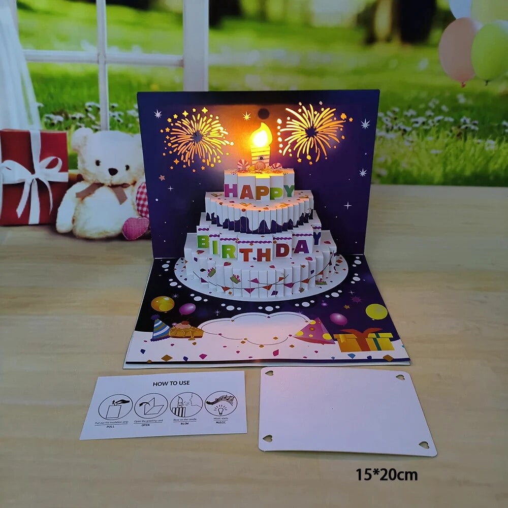 1pcHappy Birthday Card Fireworks 3D Pop Up Cake Light and Music Happy ...