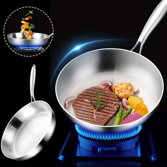 1pcs 304 Stainless Steel Frying Pan ,Three-layer Steel Flat-bottomed Frying Pan,Non-stick Uncoated Less Oily Kitchen Gift Pot,Dishwasher and Oven Safe,Detachable Handle.