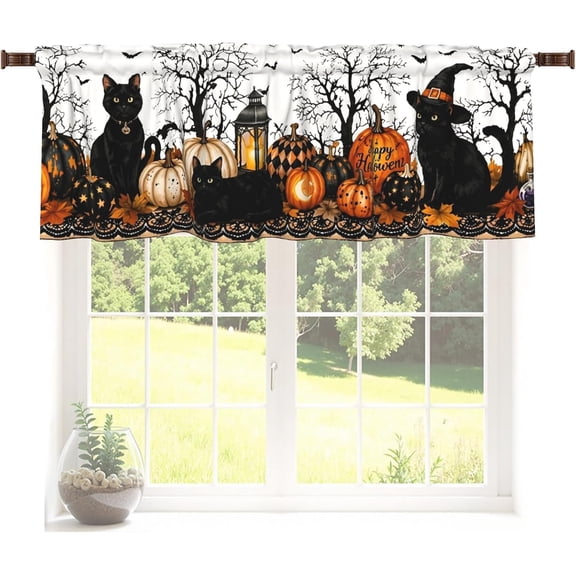 1pcs 60x18inch Short Window Halloween Valance Curtain for Window Black Cat and Pumpkins Kitchen Valance Fall Hoilday Short Curtains Window Treatment for Living Bedroom Bathroom Kitchen Laundry Baseme