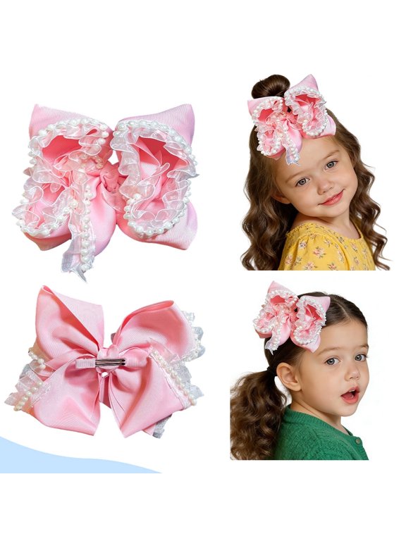 1pcs 7.5 Inch Pink Pearl Lace Hair Bows for Girls, 5.5 Inch Satin Clips with Safe Edge Design for Kids Party Daily Hairstyles
