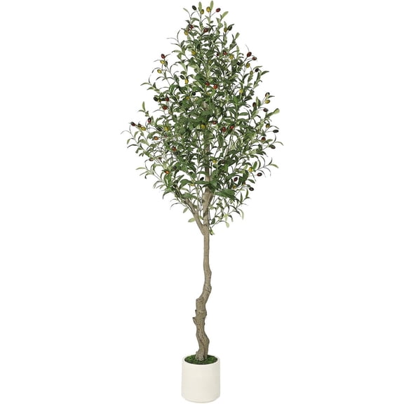 1pcs 7FT Faux Olive Tree Tall,Olive Trees Artificia Indoor with White Planter and Green Moss, Fake UV Resistant Artificial Tree,for Home Office Living Room Bedroom Stairs Foyer Decor