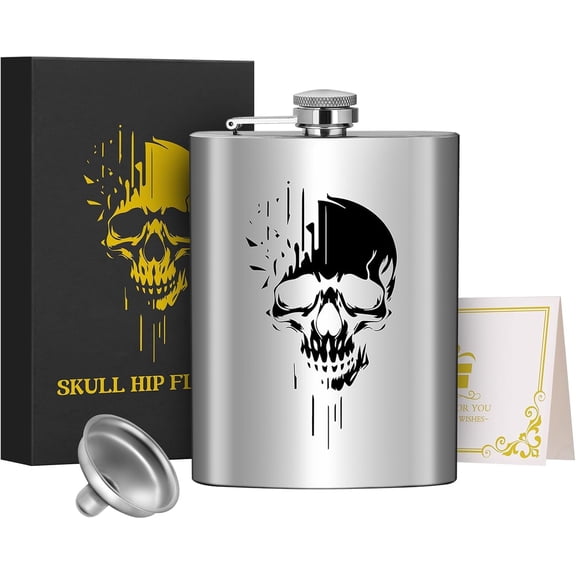 1pcs 8oz Stainless Steel Hip Flask, Pocket Flask, with Funnel and Greeting Card Gift Box, Golden Skull Pattern Personalised Flask Alcohol, Perfect for Camping, Hiking, and Outdoor Activities, Gold