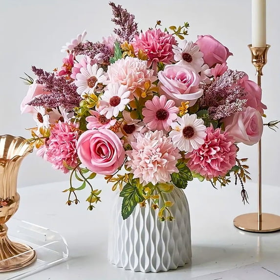1pcs Artificial Flower Plant(Without Vase) Table Decor Pink Small Fake Flowers Silk Vase Arrangements Roses,Home Decor Accents for Living Room, Bathroom Shelf, Dining Table, Office Centerpiece