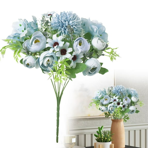 1pcs Artificial Flowers Bouquet Fake Peony Silk Hydrangea Wildflowers Arrangements with Stems for Wedding Home Centerpieces Decor (Light Blue)