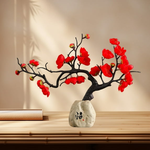 1pcs Artificial Plum Blossom Flower Red with Potted for Home Living Room Party Wedding Garden Office Patio Decor D