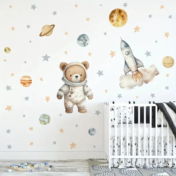 1pcs Astronaut Bear and Space Stars Rocket Wall Decal, Self-Adhesive Polyvinyl Chloride, Detachable Semi-Matte Finish, Contemporary Animal Print for Bedroom, Bathroom, Living Room Decor