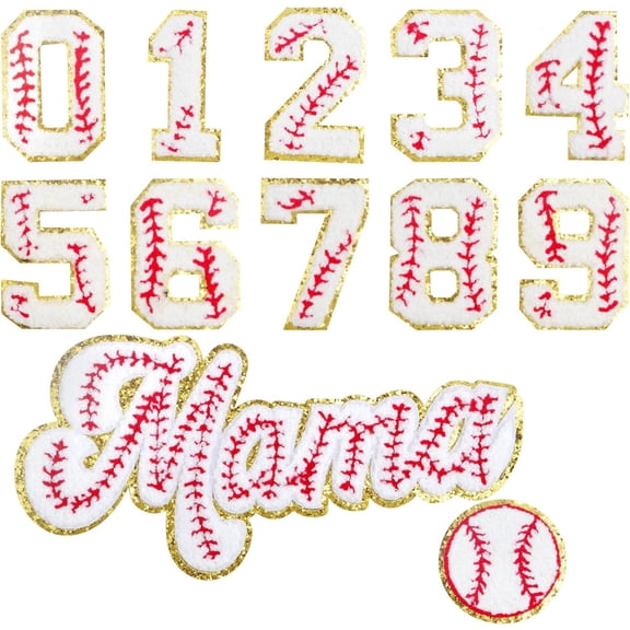 1pcs Baseball Style Patch and 1pcs Letter "Mama" Patch,10pcs Number Iron on Patches Decorative 0-9 Numbers Chenille Repair Patch Embroidered Applique, for Clothing Hat Shirt Bag Jacket Jeans
