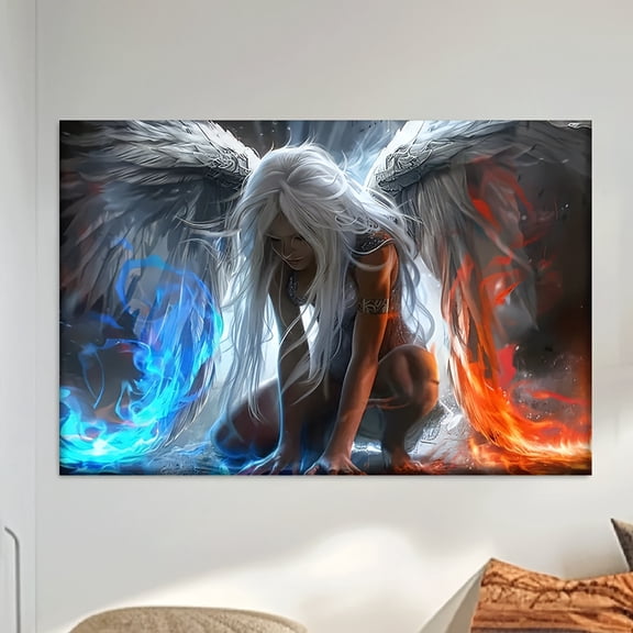1pcs, Canvas painting--Unframed, Surreal angels with white wings and blue flames, Wall decoration, bedroom, living room, kitchen, office, cafe, bar, dormitory, corridor art posters