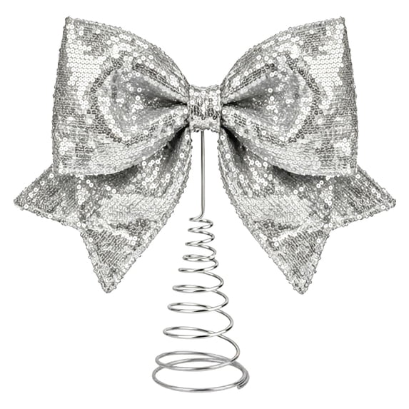 1pcs Christmas Tree Topper Ornament,Metal Spring Base Glitter Bow Christmas Tree Toppers,Xmas Hanging Ornament for Holiday Party Indoor Outdoor Wreath Stairs Decoration,11.81x13.78 inch(Z5-Silver)