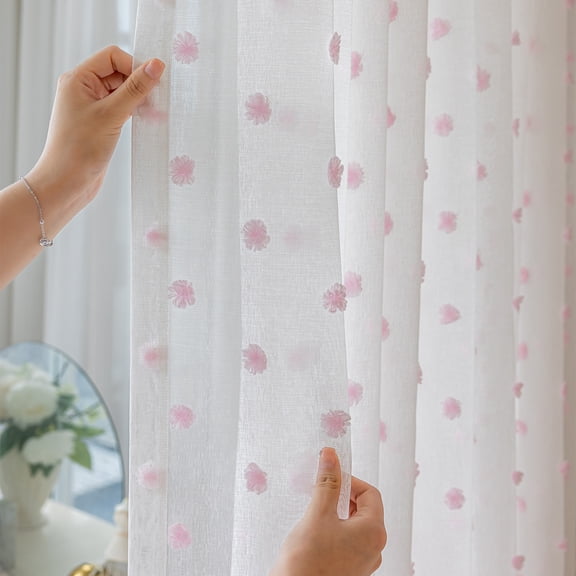 1pcs Curtains Sheer With 3D Pom-Pom- Light & Airy Translucent Panels for Bedroom Living Room Patio Glass Door, 55 inch Width x 85 inch Length(140*215cm),Pink