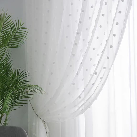 1pcs Curtains Sheer With 3D Pom-Pom- Light & Airy Translucent Panels for Bedroom Living Room Patio Glass Door, 55 inch Width x 85 inch Length(140*215cm),White