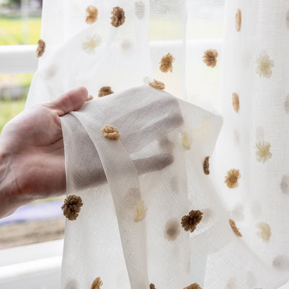 1pcs Curtains Sheer With 3D Pom-Pom- Light & Airy Translucent Panels for Bedroom Living Room Patio Glass Door, 55 inch Width x 96.5 inch Length(140*245cm),Mocha