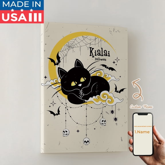 1pcs Custom Halloween Name Moon Black Cat Bat Decorative Painting, Canvas 12x16inch Unframe, Waterproof Wall Art for Home Decor-Made in USA