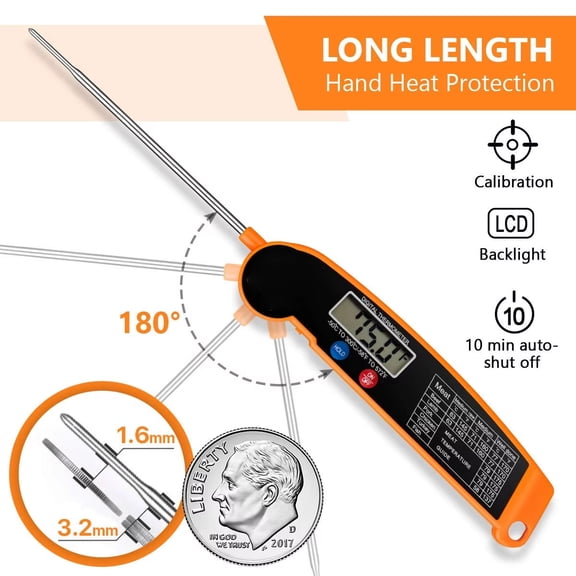 1pcs Digital Meat Thermometer, Ultra Fast Instant Read Food Thermometer with Foldable Probe, Built-in Magnet & Meat Temperature Guide for Cooking, Grilling & BBQ